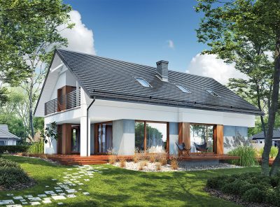 Proiect 122 — randare a casei: casă modernă cu etaj, 4 dormitoare, șemineu și garaj