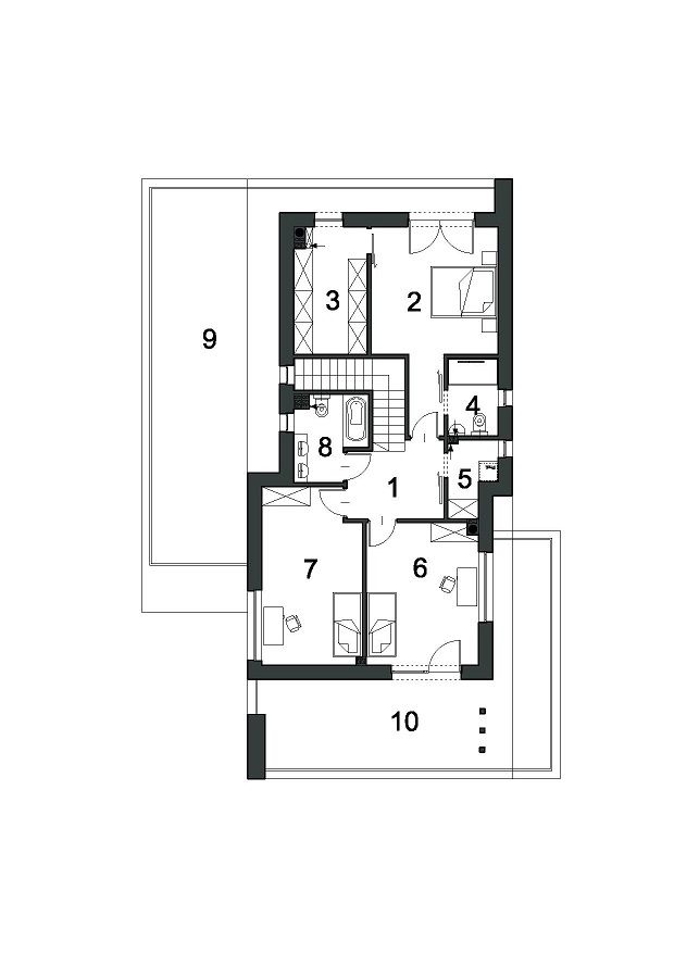 Proiect 123 — plan etaj: casă modernă cu etaj, garaj dublu, balcon și terasă