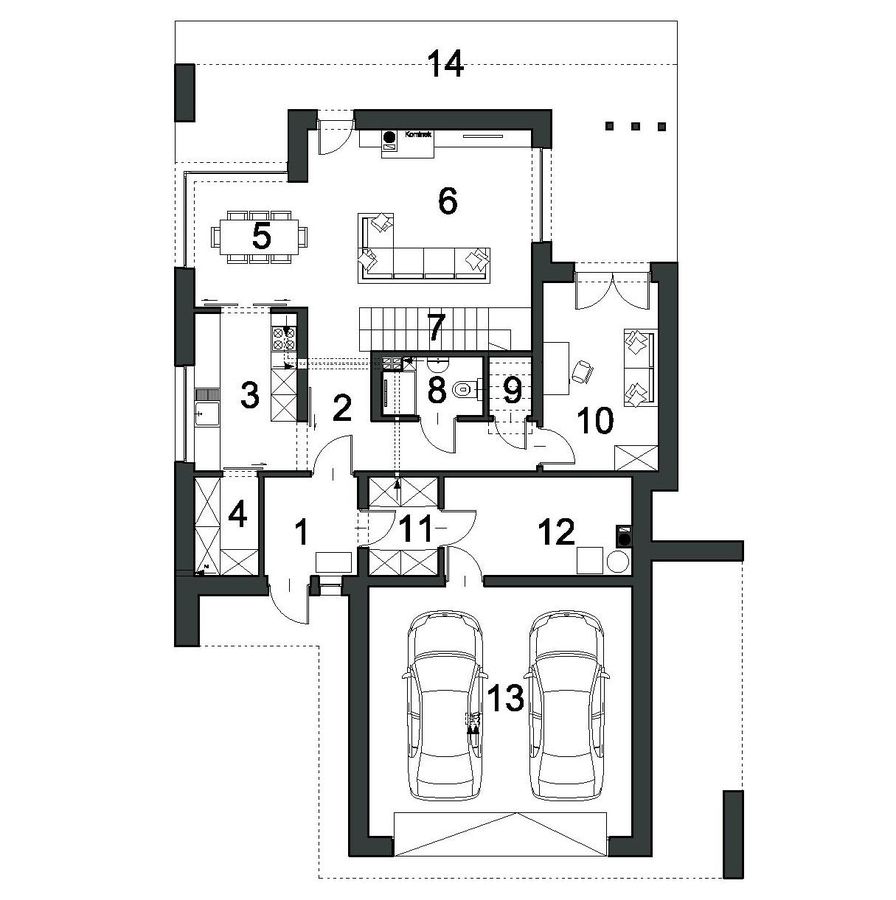 Proiect 123 — plan parter: casă modernă cu etaj, garaj dublu, balcon și terasă