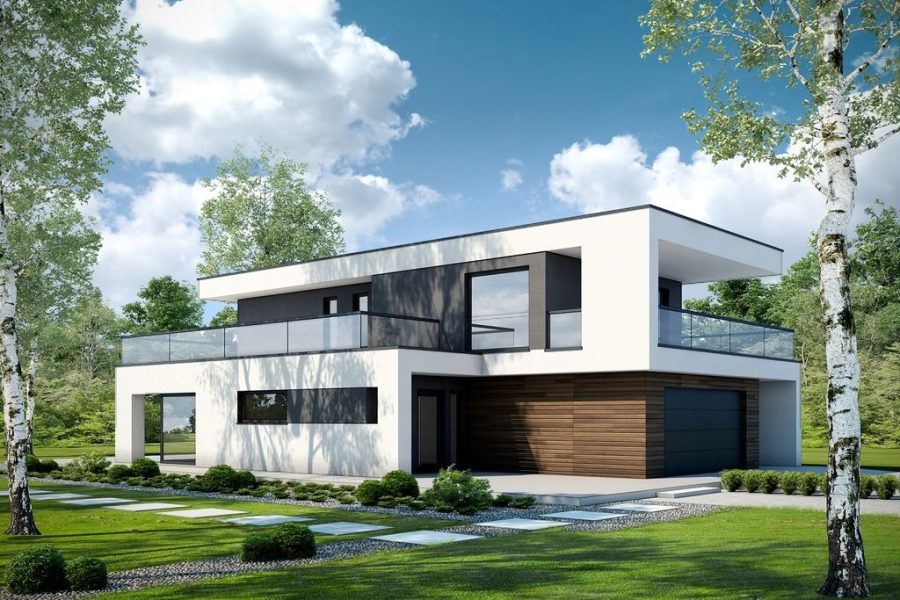 Proiect 123 — randare a casei: casă modernă cu etaj, garaj dublu, balcon și terasă