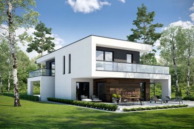 Proiect 123 — randare a casei: casă modernă cu etaj, garaj dublu, balcon și terasă