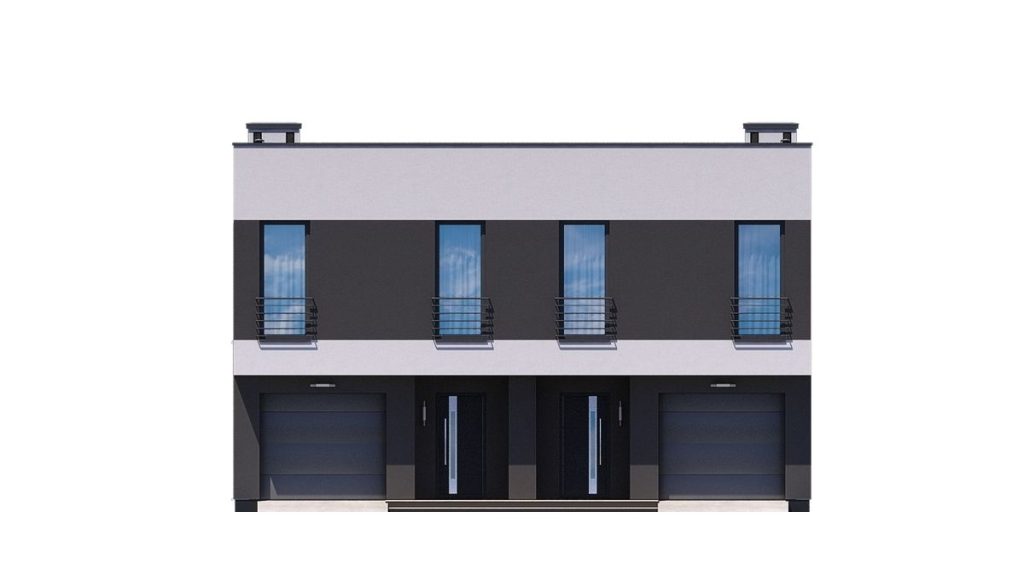 Proiect 124 — fațade: casă modernă cu etaj, piscină, garaj și balcon