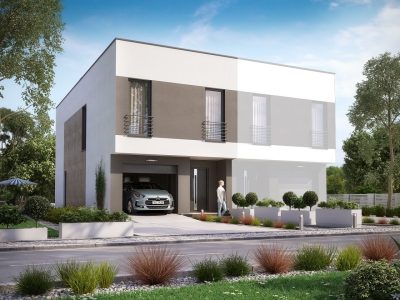 Proiect 124 — randare a casei: casă modernă cu etaj, piscină, garaj și balcon
