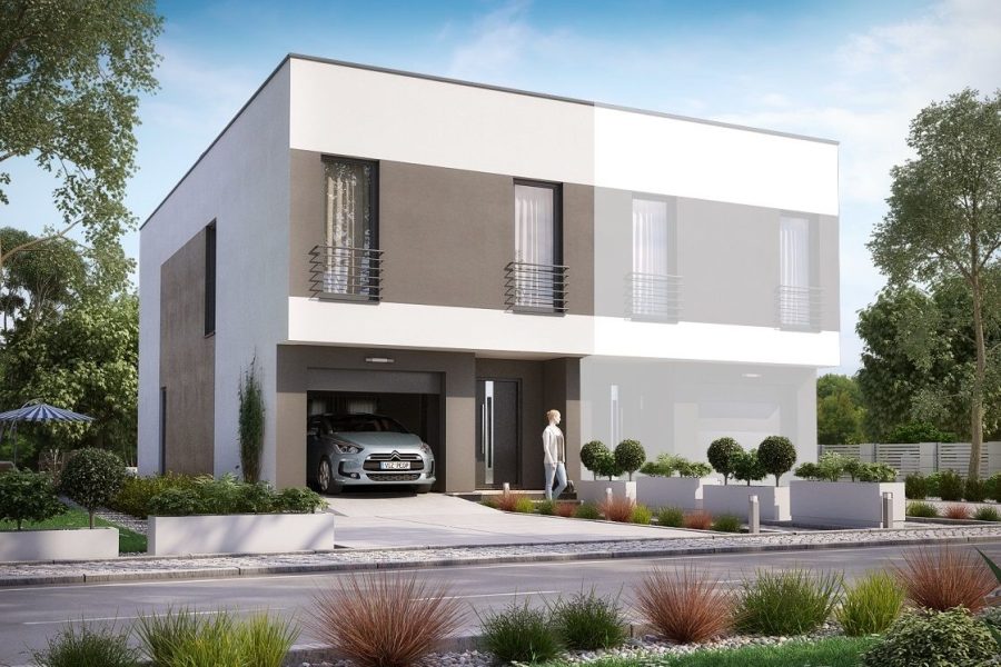 Proiect 124 — randare a casei: casă modernă cu etaj, piscină, garaj și balcon