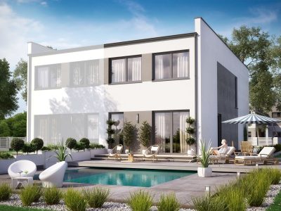 Proiect 124 — randare a casei: casă modernă cu etaj, piscină, garaj și balcon