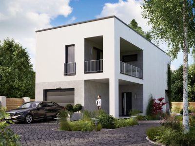 Proiect 125 — randare a casei: casă modernă cu etaj, piscină, garaj și terasă