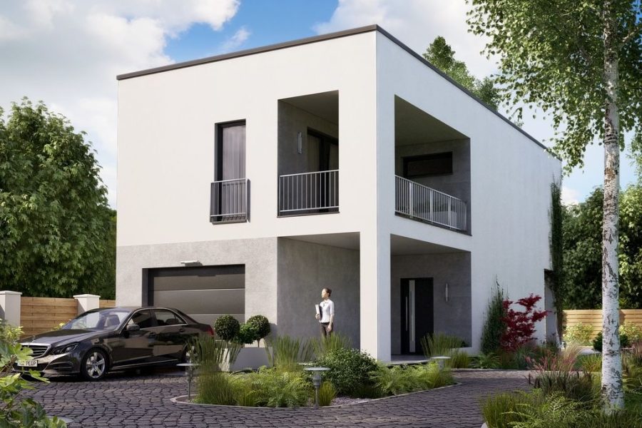 Proiect 125 — randare a casei: casă modernă cu etaj, piscină, garaj și terasă