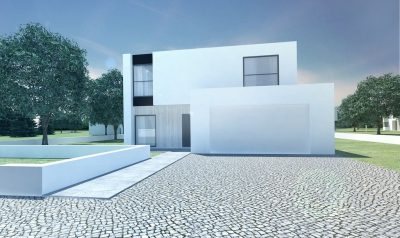 Proiect 126 — randare a casei: casă modernă cubică cu etaj, 4 dormitoare și garaj dublu