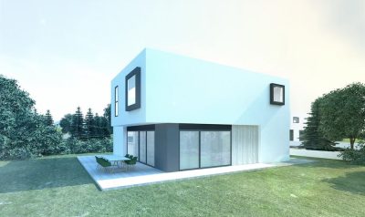 Proiect 126 — randare a casei: casă modernă cubică cu etaj, 4 dormitoare și garaj dublu