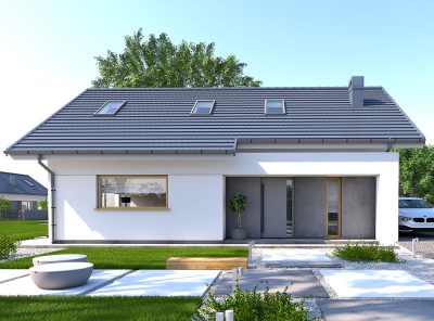 Proiect 127 — randare a casei: casă modernă din lemn, 2 niveluri, 3 dormitoare și terasă