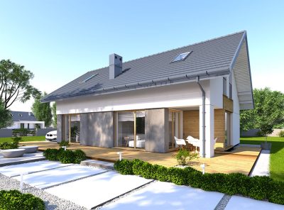 Proiect 127 — randare a casei: casă modernă din lemn, 2 niveluri, 3 dormitoare și terasă