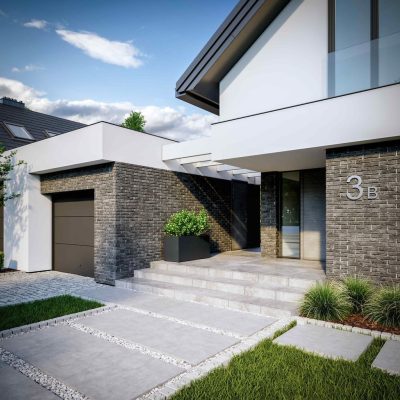 Proiect 128 — randare a casei: casă modernă gemene cu două niveluri, garaj dublu și balcon