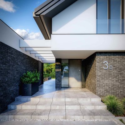 Proiect 128 — randare a casei: casă modernă gemene cu două niveluri, garaj dublu și balcon