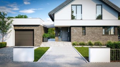 Proiect 128 — randare a casei: casă modernă gemene cu două niveluri, garaj dublu și balcon