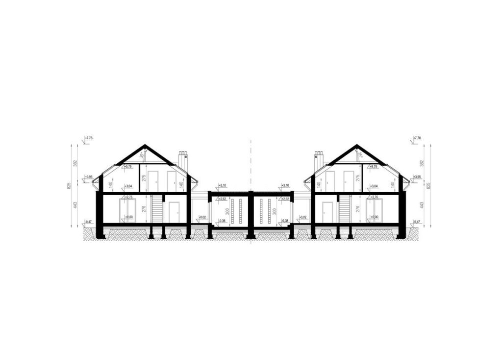 Proiect 128 — secțiune: casă modernă gemene cu două niveluri, garaj dublu și balcon