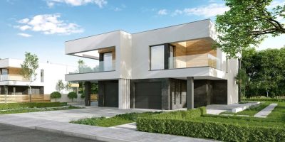 Proiect 129 — randare a casei: casă modernă gemene cu etaj, garaj și terasă