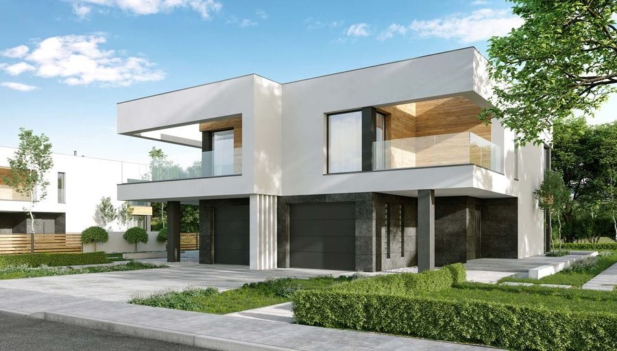 Proiect 129 — randare a casei: casă modernă gemene cu etaj, garaj și terasă