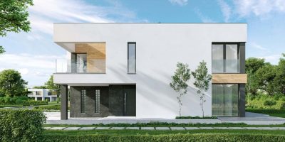Proiect 129 — randare a casei: casă modernă gemene cu etaj, garaj și terasă