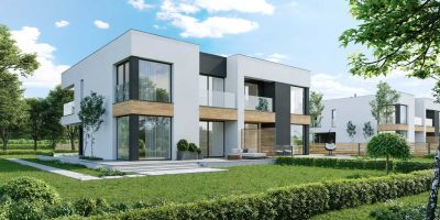 Proiect 129 — randare a casei: casă modernă gemene cu etaj, garaj și terasă