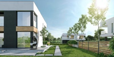 Proiect 129 — randare a casei: casă modernă gemene cu etaj, garaj și terasă