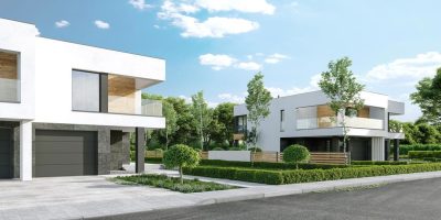 Proiect 129 — randare a casei: casă modernă gemene cu etaj, garaj și terasă
