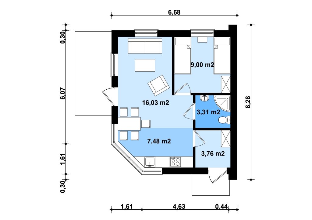 Proiect 130 — plan parter: casă modernă parter compactă cu living open-space și terasă