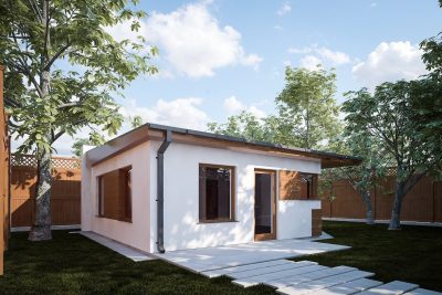 Proiect 130 — randare a casei: casă modernă parter compactă cu living open-space și terasă