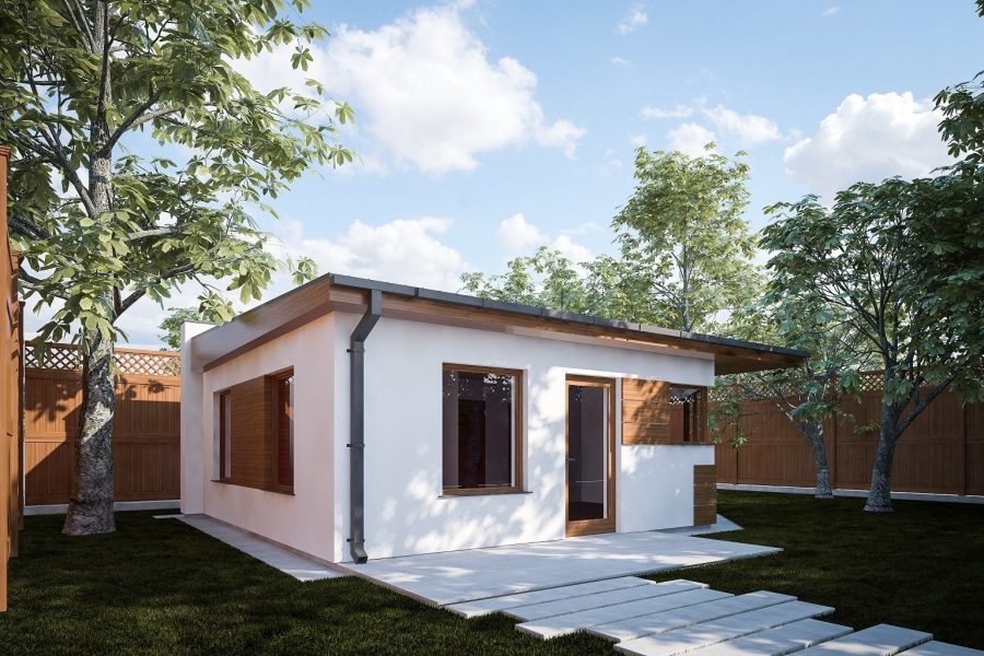 Proiect 130 — randare a casei: casă modernă parter compactă cu living open-space și terasă