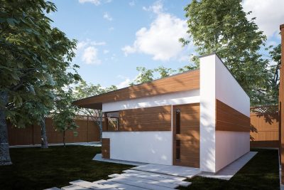 Proiect 130 — randare a casei: casă modernă parter compactă cu living open-space și terasă