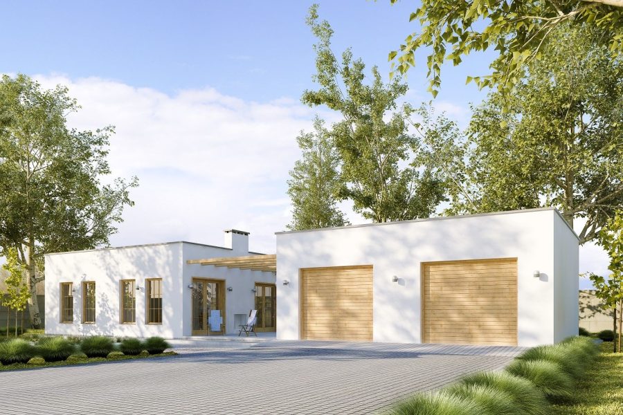 Proiect 131 — randare a casei: casă modernă parter cu 1 dormitor, terasă acoperită și garaj dublu