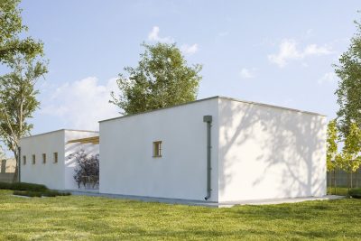 Proiect 131 — randare a casei: casă modernă parter cu 1 dormitor, terasă acoperită și garaj dublu