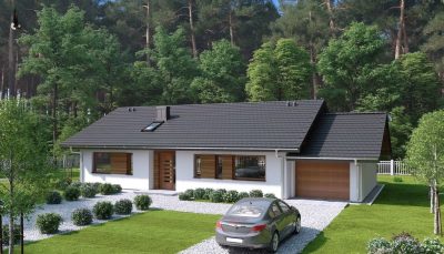 Proiect 132 — randare a casei: casă modernă parter cu 3 dormitoare și garaj
