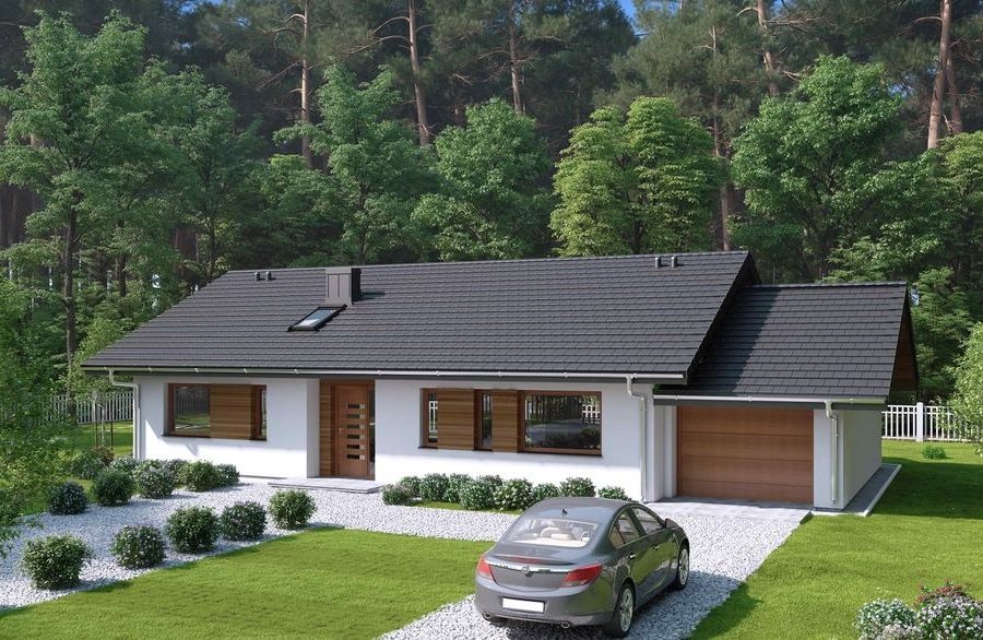 Proiect 132 — randare a casei: casă modernă parter cu 3 dormitoare și garaj