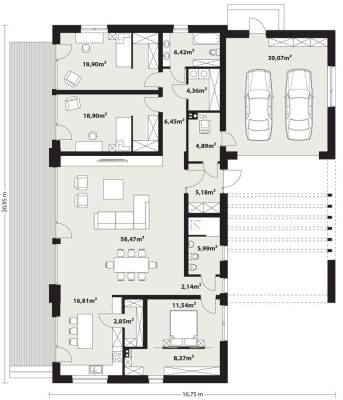 Proiect 133 — randare a casei: casă modernă parter cu garaj dublu, living open-space și terasă