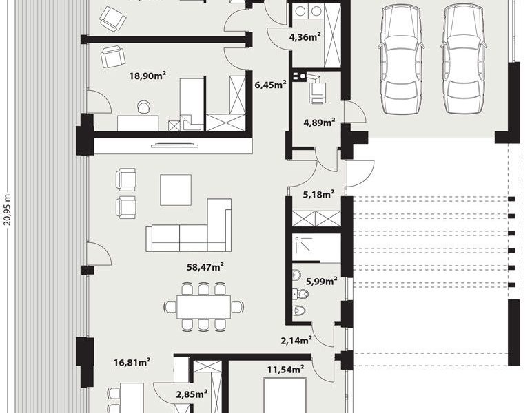 Proiect 133 — randare a casei: casă modernă parter cu garaj dublu, living open-space și terasă
