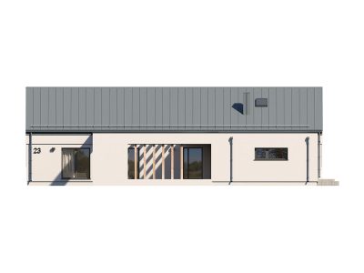 Proiect 133 — randare a casei: casă modernă parter cu garaj dublu, living open-space și terasă