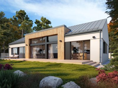 Proiect 133 — randare a casei: casă modernă parter cu garaj dublu, living open-space și terasă