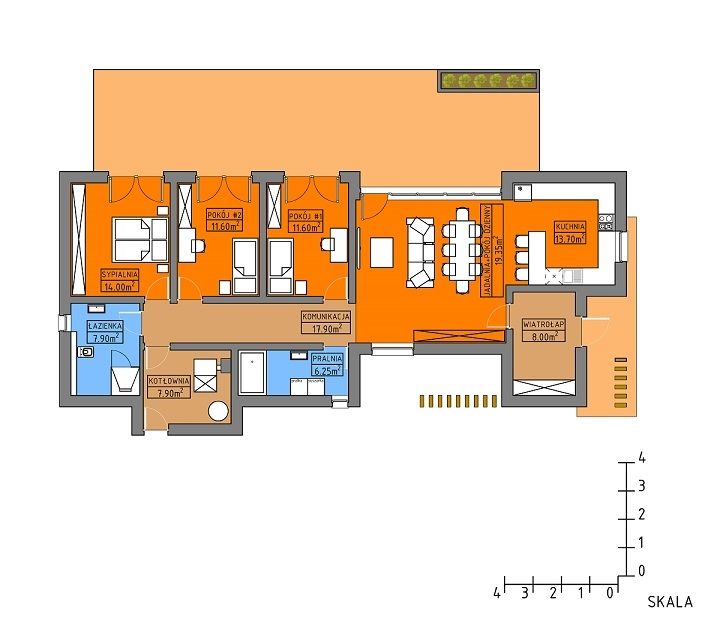 Proiect 134 — plan parter: casă modernă parter cu living open-space și 3 dormitoare