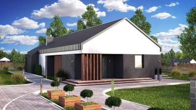 Proiect 134 — randare a casei: casă modernă parter cu living open-space și 3 dormitoare