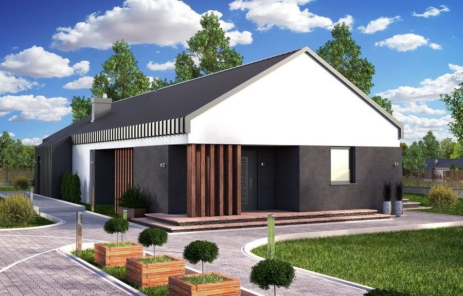 Proiect 134 — randare a casei: casă modernă parter cu living open-space și 3 dormitoare