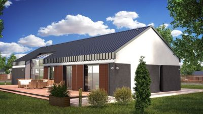 Proiect 134 — randare a casei: casă modernă parter cu living open-space și 3 dormitoare
