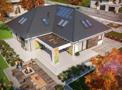 Proiect 135 — randare a casei: casă modernă parter cu mansardă, 5 dormitoare, șemineu și garaj dublu