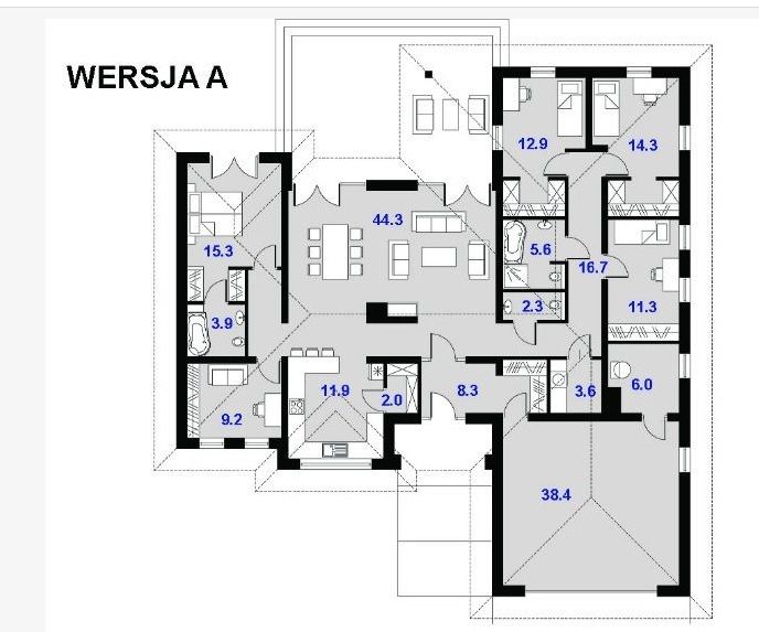 Proiect 136 — plan parter: casă modernă parter cu piscină, 4 dormitoare și garaj dublu