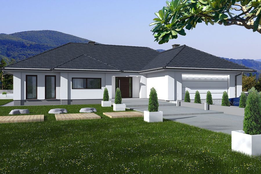 Proiect 136 — randare a casei: casă modernă parter cu piscină, 4 dormitoare și garaj dublu