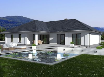 Proiect 136 — randare a casei: casă modernă parter cu piscină, 4 dormitoare și garaj dublu