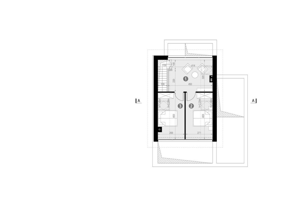 Proiect 137 — plan mansardă: casă modernă parter cu terasă acoperită tip pergolă și fațadă din piatră