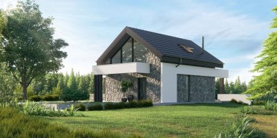 Proiect 137 — randare a casei: casă modernă parter cu terasă acoperită tip pergolă și fațadă din piatră