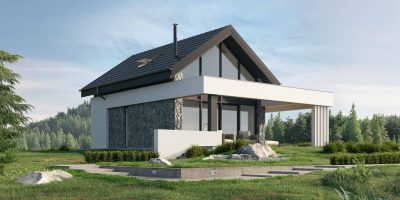 Proiect 137 — randare a casei: casă modernă parter cu terasă acoperită tip pergolă și fațadă din piatră