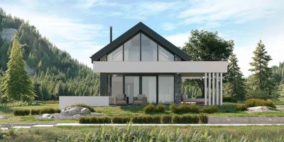 Proiect 137 — randare a casei: casă modernă parter cu terasă acoperită tip pergolă și fațadă din piatră