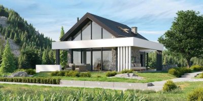 Proiect 137 — randare a casei: casă modernă parter cu terasă acoperită tip pergolă și fațadă din piatră
